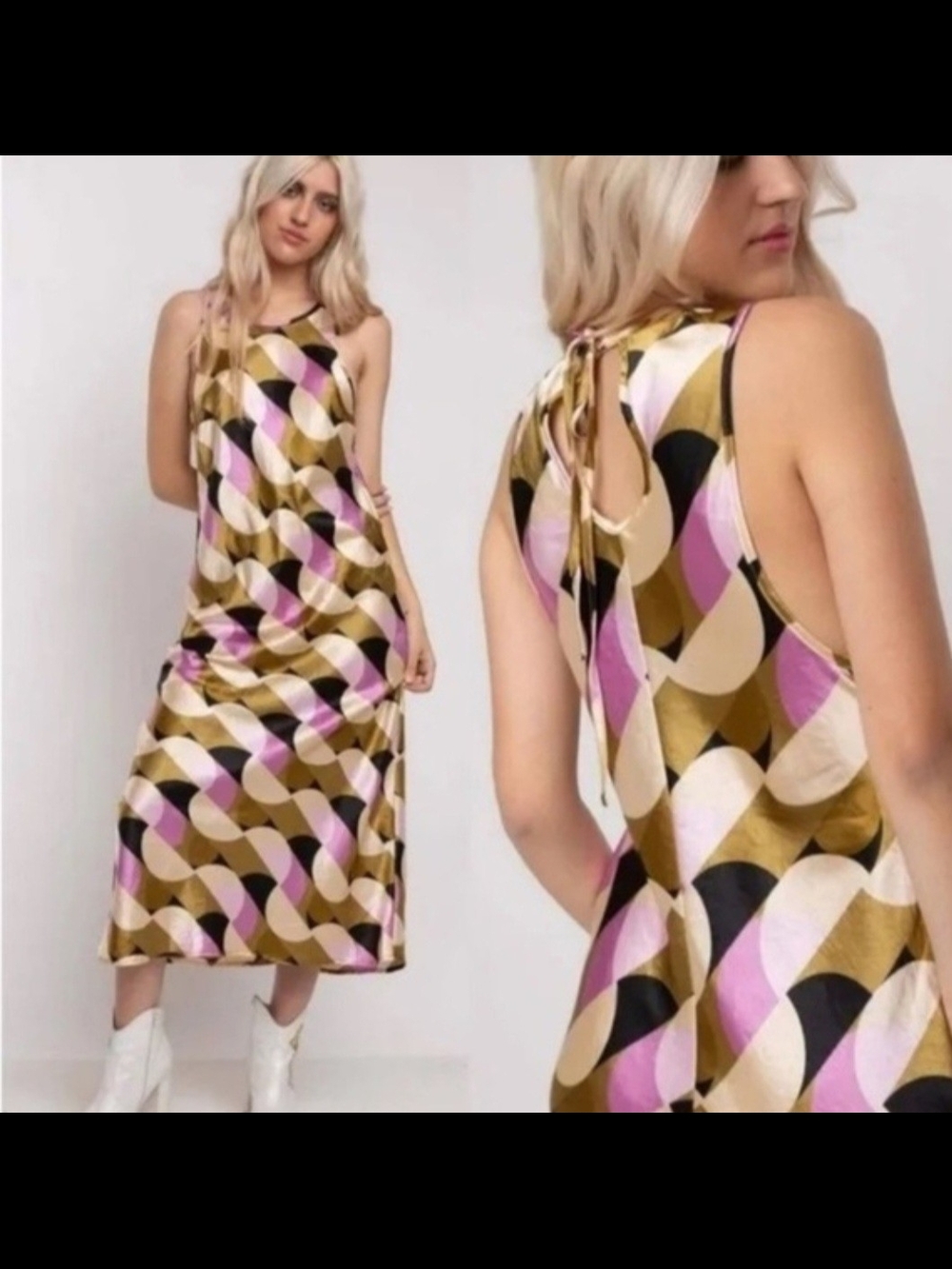 House of Harlow 1960 Geometric Satin Midi Dress in Gold, Pink and Black